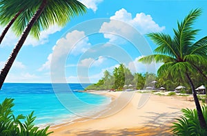 Beach with coconut tree and white clouds in the sky scene painting