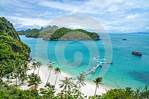 Beach and coconut trees on an island of Mu Ko Ang Thong National Marine Park near Ko Samui in Gulf of Thailand