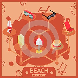 Beach color outline isometric concept icons