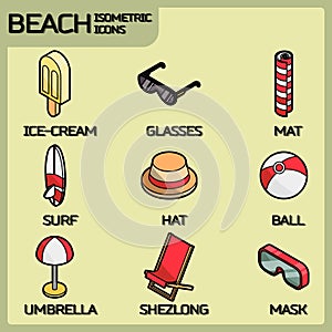 Beach color outline isometric icons
