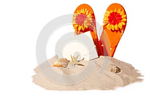 Beach concept with postcard and flip-flops