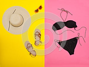 Beach concept. Women`s hat, sandals, black swimsuit, glasses. Yellow with pink background, top view