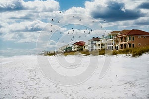 Beach condos on Florida coast sand birds and clouds