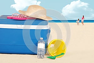 Beach cooler with hat and bottle water