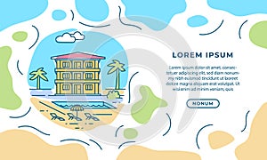 Beach cottage banner template design. Round line art and color drawing illustration with beach house, palm trees and swimming pool