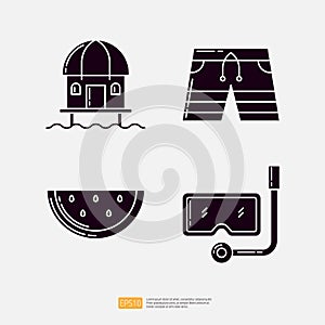 Beach Cottage House, Swimming Trunks Sport Shorts, Watermelon Vegetable and Fruit, Snorkeling Mask. Summer Vacation Solid Glyph