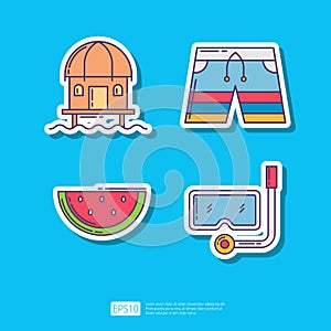 Beach Cottage House, Swimming Trunks Sport Shorts, Watermelon Vegetable and Fruit, Snorkeling Mask. Summer Vacation Sticker Icon