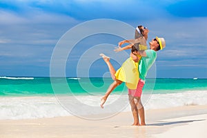 Beach couple walking on romantic travel honeymoon vacation summer holidays romance. Young happy lovers, Cayo LArgo, Cuba