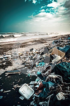 Beach covered with garbage and plastic bags and containers.