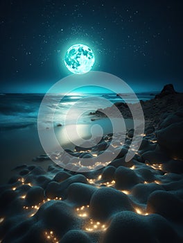 A beach covered in lots of Light Blue rocks under a night sky, Milky Way and the huge moon, the glowing quicksand, generative ai