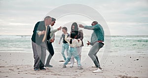 Beach, dancing and parents with kids with grandparents for bonding, playing and relax in nature by sea. Happy family