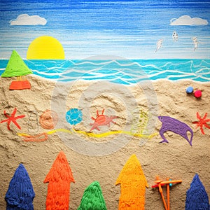 A beach day with sandcastles, surfers, and sea creatures, in a kids crayon art style