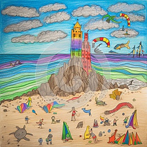 A beach day with sandcastles, surfers, and sea creatures, in a kids crayon art style