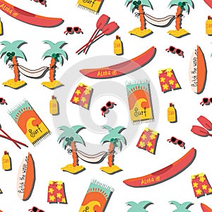 Beach day seamless vector pattern. Palm tree hammock, surfboard, canoe, boardshorts, beach towels, sunglasses, suntan