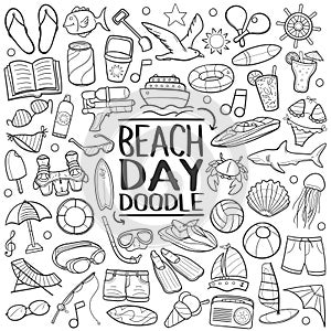 Beach Day Traditional Doodle Icons Sketch Hand Made Design Vector