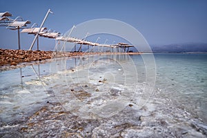 Beach of Dead Sea coastline. Israel