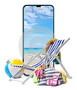 Beach deck chair for sunbathing, isolated on white background with mobile phone with seaside in big screen, concept a summer beach