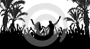 Beach disco party, silhouette of people and palm trees. Vector illustration