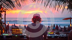 Beach DJ sunset performance, crowd watching