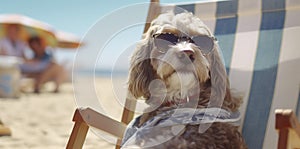 beach dog chair vacation relax summer lazy funny sunglasses pet. Generative AI.