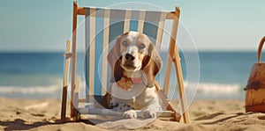 beach dog sunglasses lazy pet funny summer vacation relax chair. Generative AI.