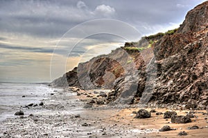 Beach, Dramatic Sky, Stormy Clouds, showing coastal erosion of cliffs