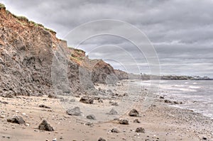 Beach, Dramatic Sky, Stormy Clouds, showing coastal erosion of cliffs