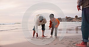 Beach, drawing and grandparents playing with child on the sand at sea happy for holiday or outdoor vacation together