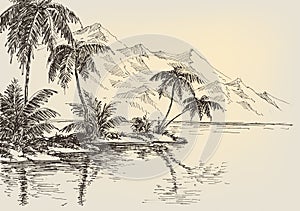 Beach drawing, palm trees