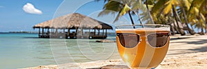 Beach drink and sunglasses with palm tree in background - vacation concept and travel advertising