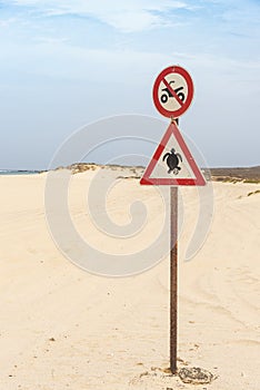 Beach driving prohibited sign Turtle nesting Boa Vista