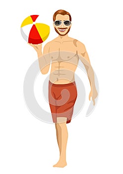 Beach dude with sunglasses holding an inflatable striped ball