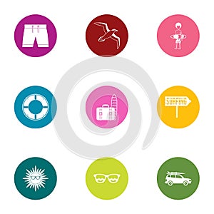 Beach entertainment icons set, flat style