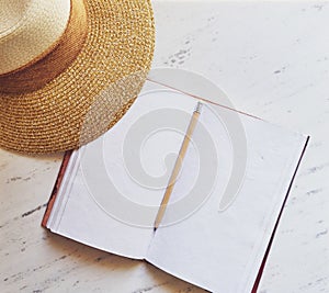 Beach essentials on white marble.