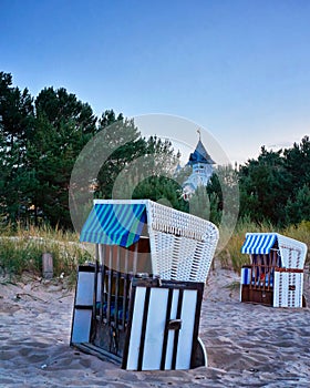Beach in the evening with beach chairs. Ahlbeck, Germany