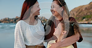 Beach, face and mother with granny, kid and happiness with hug or bonding together with vacation. Portrait, family, mama