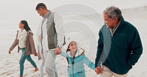 Beach, family and grandparents with children in nature for holiday, vacation and adventure in winter. Family, travel and