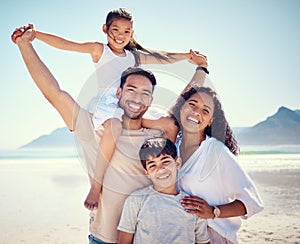 Beach, family and portrait of parents with kids, smile and happy bonding together on ocean vacation. Sun, fun and