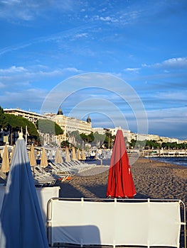 Beach and famous hotels along Promenade de la Croisette Cannes F