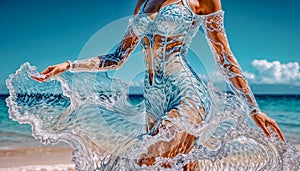 Beach fashion, beautiful girl posing on the seashore in an extravagant swimsuit