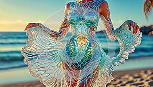 Beach fashion, beautiful girl posing on the seashore in an extravagant swimsuit
