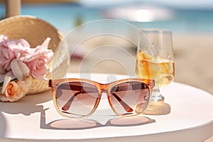 Beach fashion woman sunglasses composition. Generate Ai