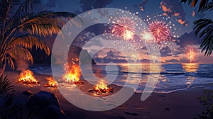 A beach with a fire on it and fireworks in the sky