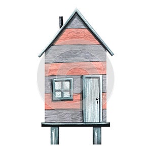 A beach, fishing house, wooden on stilts, striped with a window and a door in gray and coral colors. Watercolor