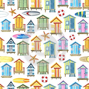 Beach, fishing houses with surfboards, a lifebuoy and starfish. Watercolor illustration. Seamless pattern on a white