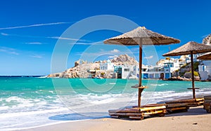 Beach and fishing village of Firapotamos on Milos island, Greece