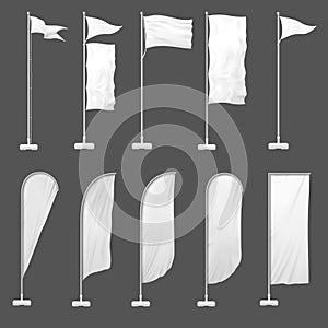Beach flag. Outdoor banner on flagpole, stand blank flags and empty advertising beachfront banners 3d template vector illustration