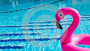 Beach flamingo. Pink inflatable flamingo in water for summer beach background. Pool float party.