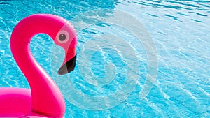 Beach flamingo. Pink inflatable flamingo in water for summer beach background. Pool float party.