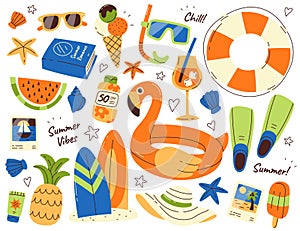 Beach flat illustrations set. Sunscreen, surfboard, cocktail, flippers, postcards from holidays and shell souvenirs